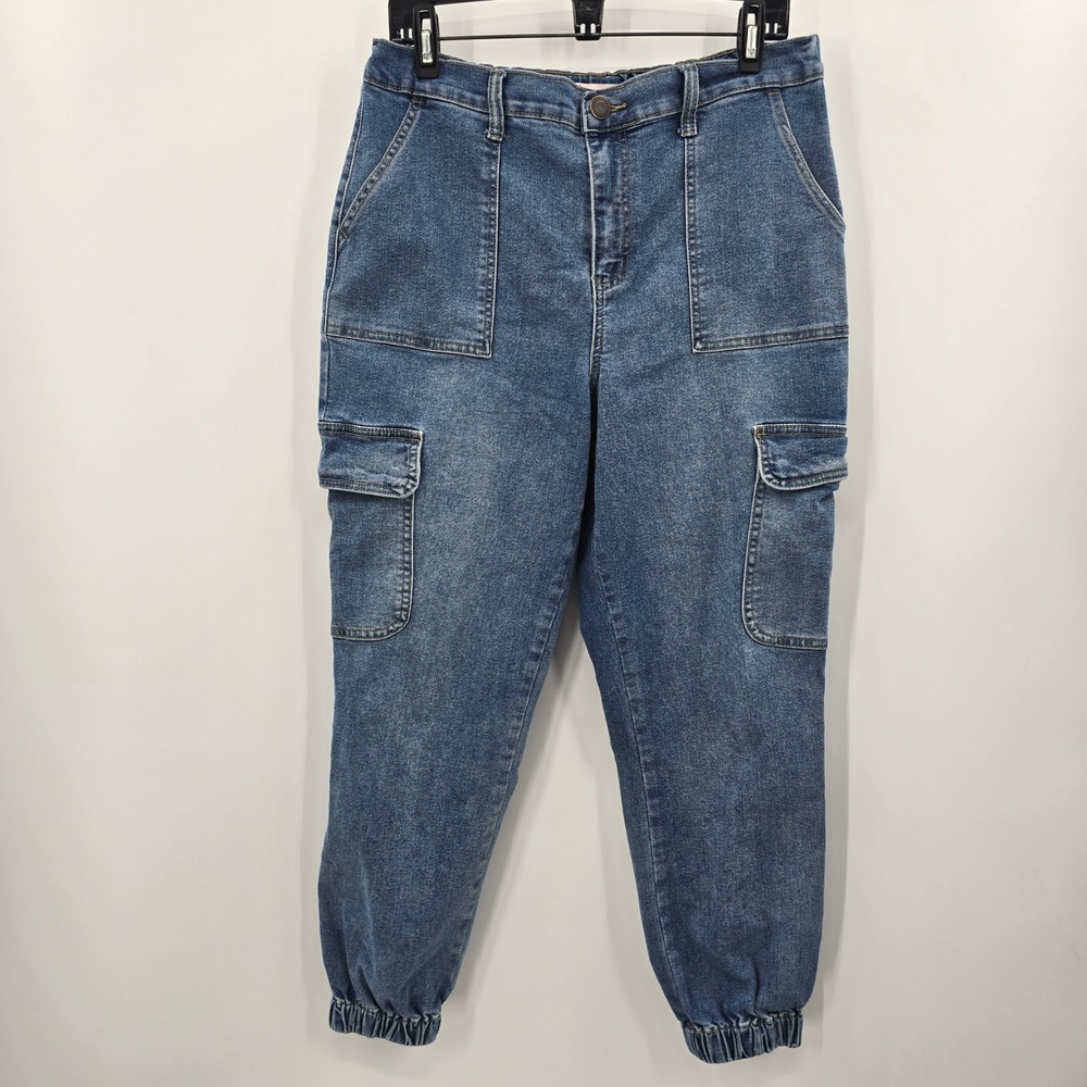 SO Pants Womens Large High Rise Cargo Jogger Jeans Medium‎ Wash Blue Denim